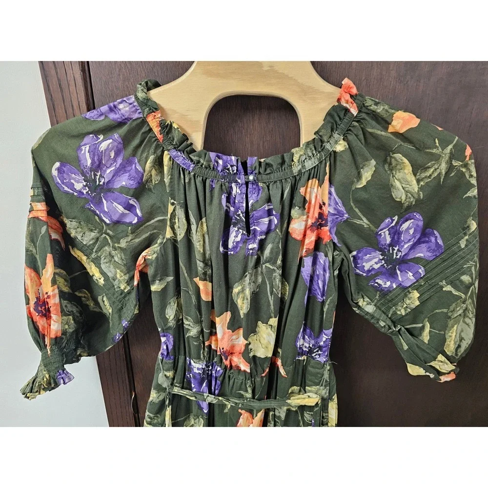 Lauren Ralph Lauren Floral Tiered Midi Dress Olive Green Purple Orange Size 6 - Picture 5 of 9